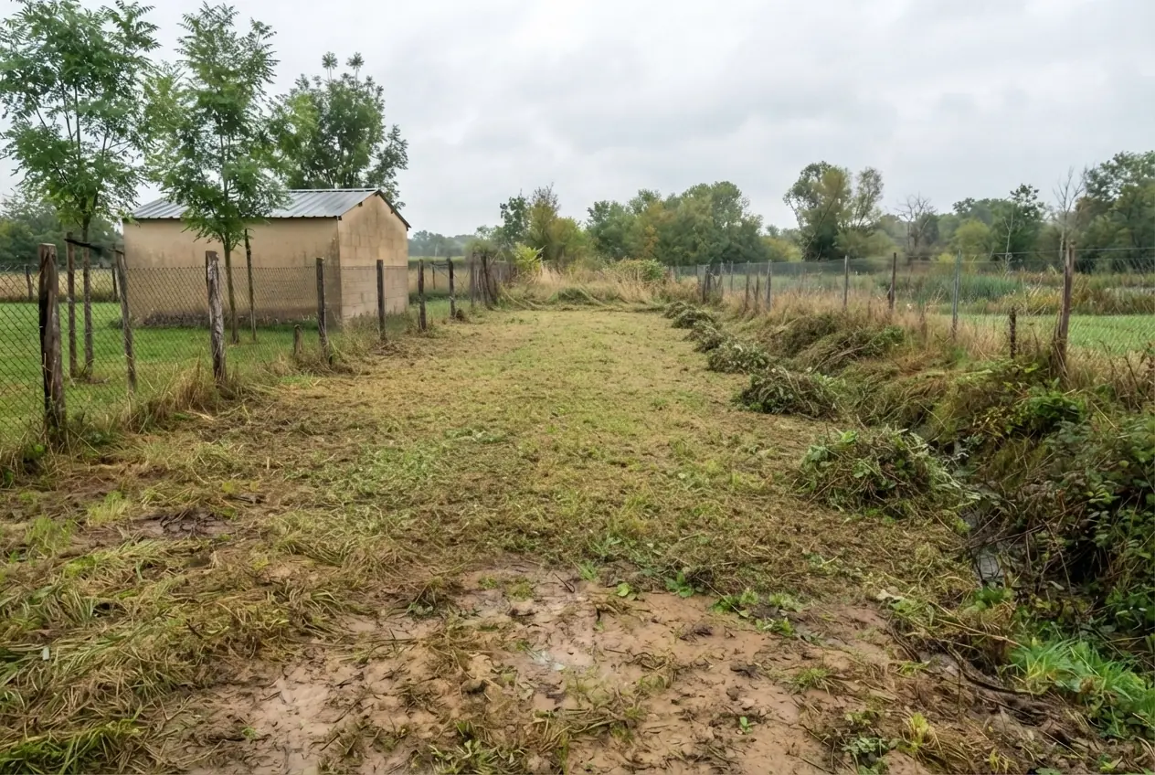 Terrain nettoyé après débroussaillage dans un jardin à Magné