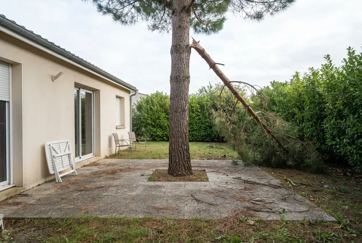 Pin menaçant une terrasse avant élagage à Niort