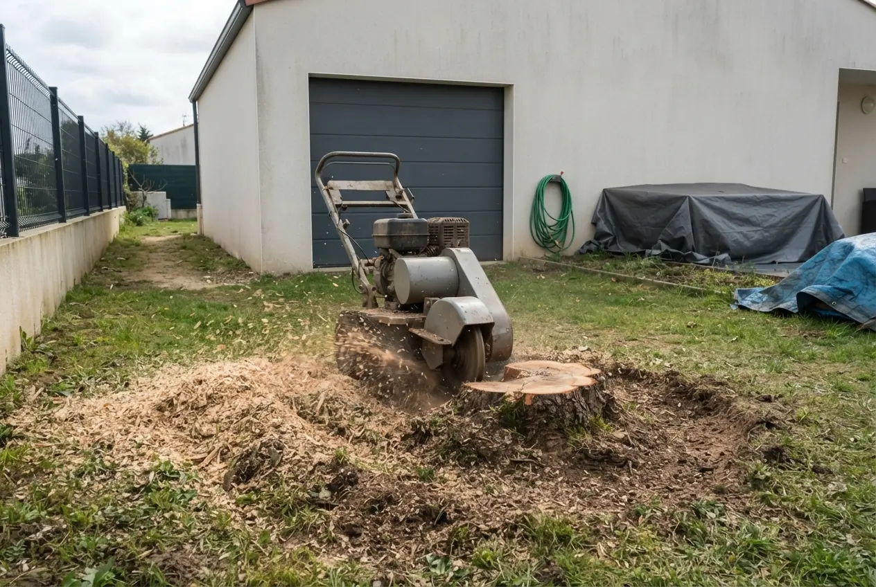 Rogneuse de souche dans un jardin niortais
