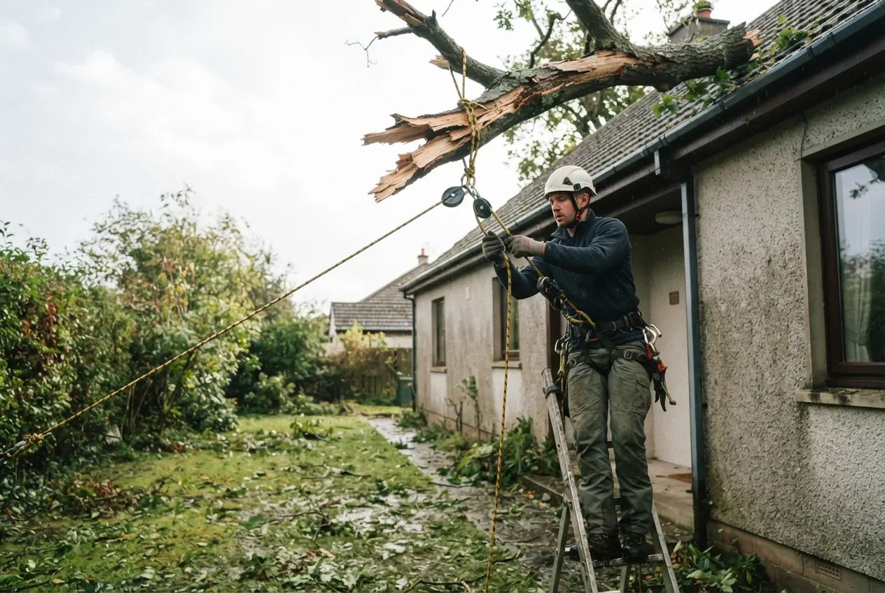 Élagueur sécurisant une branche après tempête à Niort